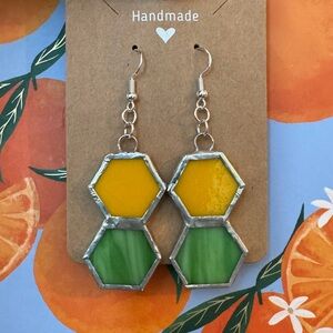 Handcrafted Imperfect Green and Yellow Stained Glass Hexagon Earrings